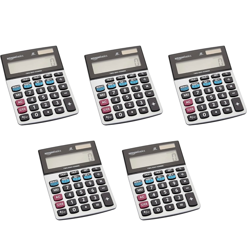 Amazon Basics LCD 8-Digit Desktop Calculator, Silver - 5 Pack